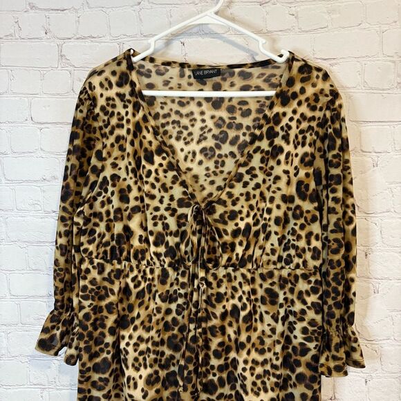 Lane Bryant Brown and Black V-Neck Bell Sleeve Blouse - Picture 2 of 6